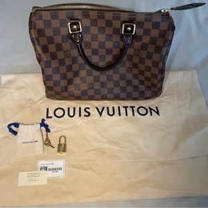 Louis Vuitton LV Speedy 30 Handbag Damier Ebene Brown Red Interior Authentic